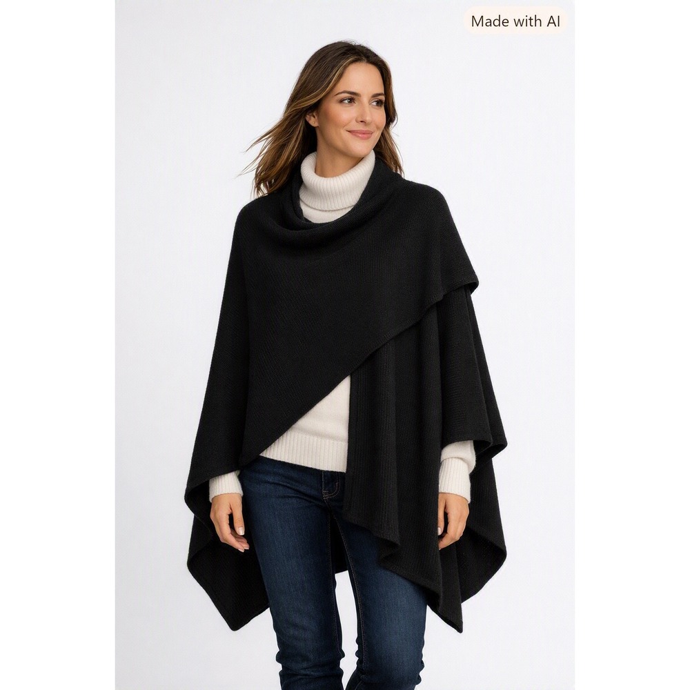 Peruvian Soul Alpaca Blend Black Knit Ruana Shawl Wrap Cape With Horn Toggle Pin